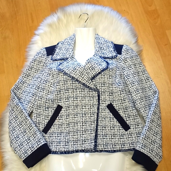 Chico's Moto Tweed Trim Detail Navy Jacket - Picture 7 of 15